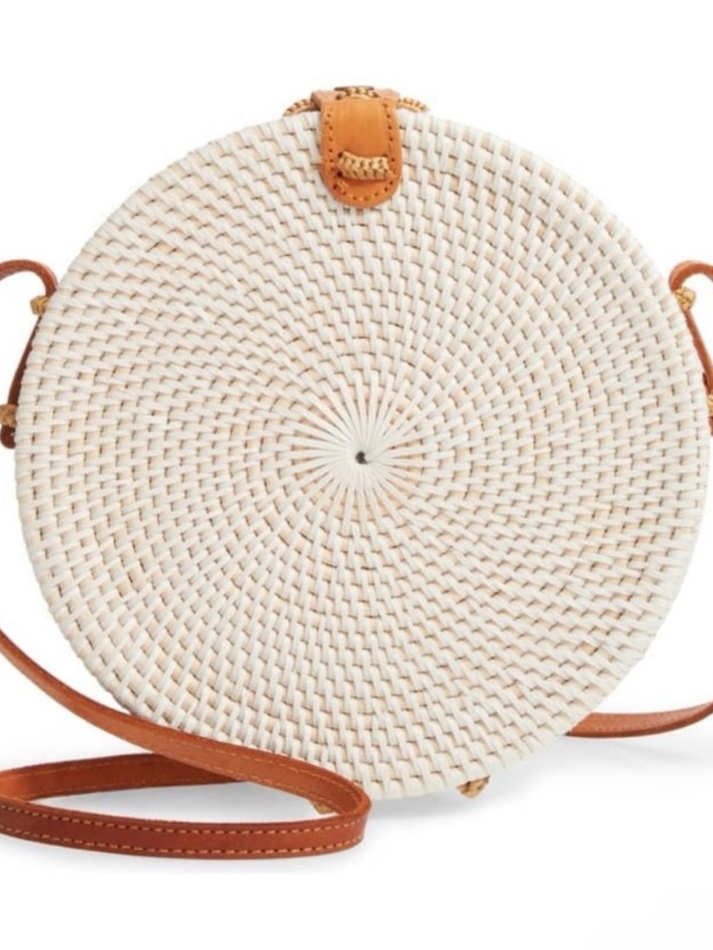 Boutique Rattan Round Crossbody Bag in Cream with Tan Trim